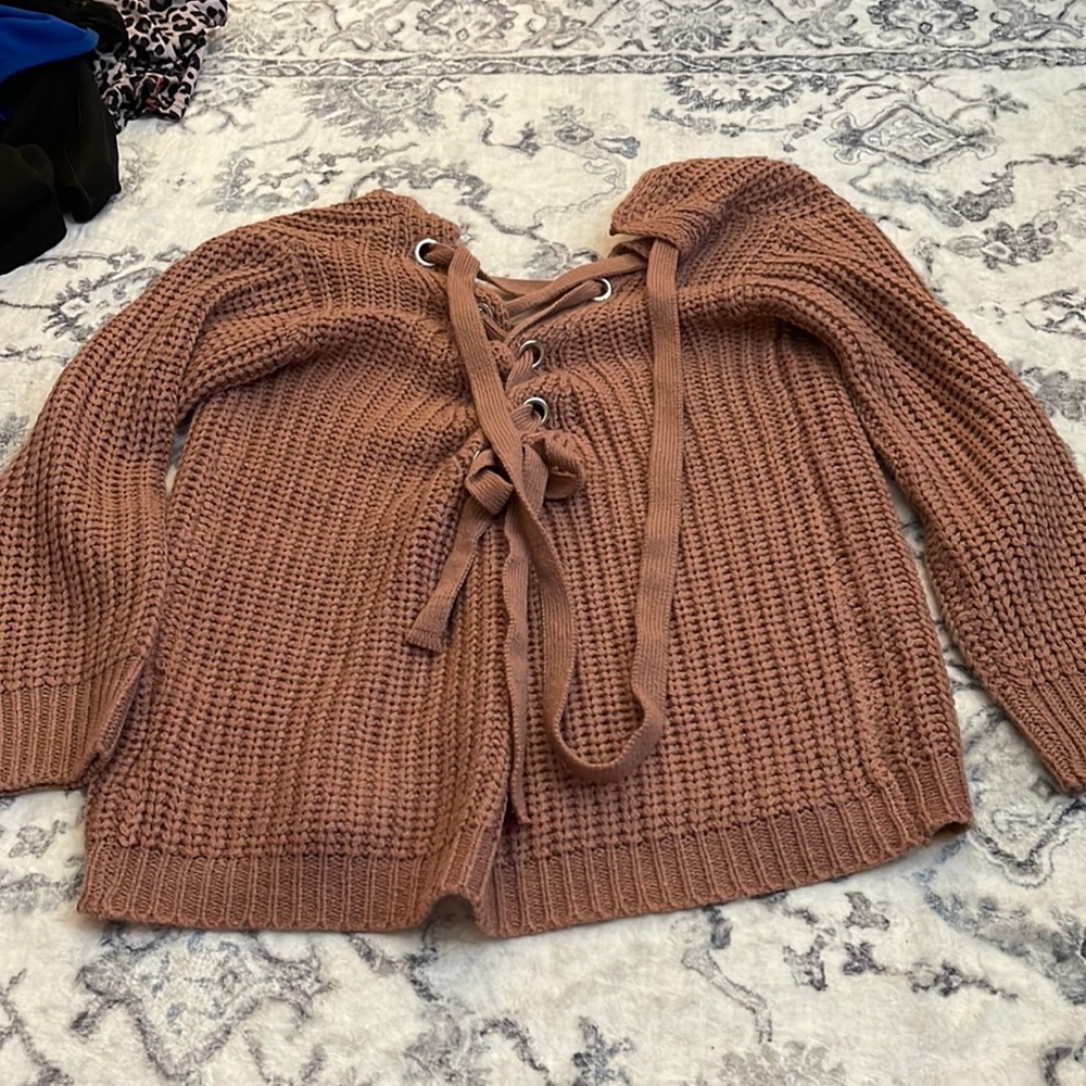 Lace up back chunky knit sweater
